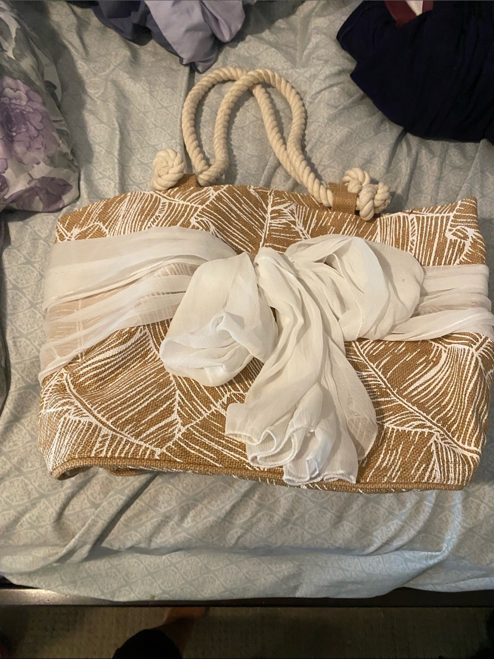 Mudpie Woven Beach Tote with White Scarf Accent - Tan & White